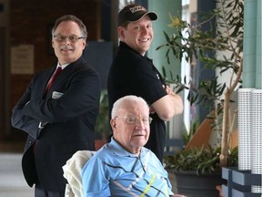 Perley Rideau resident Gib McElroy sits with executive director Daniel Clapin, left, and maintenance worker Landon Brady, who will run against each other in the Race Weekend's 10K to raise money for a new lift at the hospital. (Tony Caldwell/Postmedia)