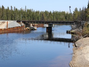 The scene of the Makami River railway bridge crossing as it is today. This is where a CN freight train hauling oil tanker cars derailed, crashed and burned in March 2015.