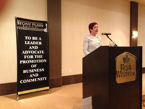 Ruth Kelly speaks at the Stony Plain and Spruce Grove & District Chambers of Commerce’s joint annual meeting on May 18 about economic diversification. - Photo submitted