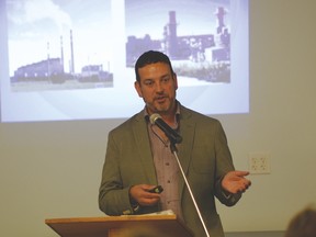 CTC chair Gil McGowan speaks at Wabamun on May 19 about its plan to help coal workers impacted by the province’s move towards cleaner energy. - Photo by Marcia Love