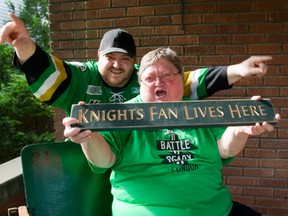 Ruth McCallum and grandson Tyler Hetherington are die-hard Knights? fans and you can bet they won?t be sitting down ? even on this seat from the team?s old home, the London Ice House ? if their heroes win the Memorial Cup Sunday. (MIKE HENSEN, The London Free Press)
