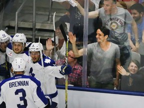 Marlies’ William Nylander celebrates his first-period goal during Game 4 against the Bears on Friday night. He finished with a hat trick. (VERONICA HENRI/TORONTO SUN)