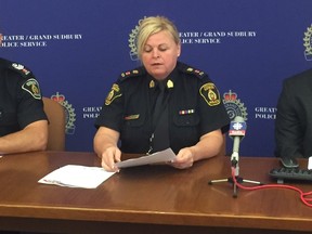Mary Katherine Keown/The Sudbury Star
Staff Sgt. Marc Brunette (left), Superintendent Sheilah Weber and crime analyst Evan Winston speak about Crime Plot, the Sudbury police force's new crime-mapping tool.