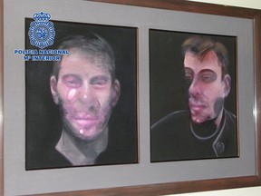 In this photo released by the Spanish Interior Ministry on Saturday, May 28, 2016, one the five paintings by the Irish-born painter Francis Bacon recovered by the Spanish Police, is displayed.  (Spanish Interior Ministry via AP)