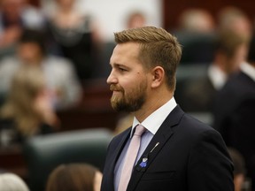 Wildrose Party and Strathmore-Brooks MLA Derek Fildebrandt arrives for the Speech From The Throne on the floor of the Alberta Legislature in Edmonton, Alta., on Monday June 15, 2015. Ian Kucerak/Edmonton Sun/Postmedia Network