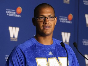 Winnipeg Blue Bombers kicker Justin Medlock speaks with media at Investors Group Field in Winnipeg on Sat., May 28, 2016. Kevin King/Winnipeg Sun/Postmedia Network