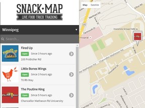 Screen grabs from Snack Map, the new food truck app launching in Winnipeg.