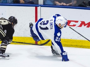 Toronto Marlies' Ben Smith and Carter Camper of the Hershey Bears during AHL Eastern Conference final action at the Ricoh Coliseum in Toronto on May 29, 2016. (Ernest Doroszuk/Toronto Sun/Postmedia Network)