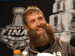 PITTSBURGH, PA - MAY 29: Joe Thornton #19 of the San Jose Sharks addresses the media during the NHL Stanley Cup Final Media Day at Consol Energy Center on May 29, 2016 in Pittsburgh, Pennsylvania.   Justin K. Aller/Getty Images/AFP== FOR NEWSPAPERS, INTERNET, TELCOS & TELEVISION USE ONLY ==