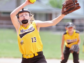 Ainsleigh Wedow (13) of the Mitchell Pee Wee girls team won back-to-back playoff games in leading the Hornets to the championship of their division in Fastballfest this past weekend. ANDY BADER MITCHELL ADVOCATE