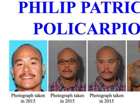 This detail of an FBI Internet wanted poster shows Philip Patrick Policarpio, who has been added to the agency's 10 Most Wanted list, announced Thursday, May 19, 2016. Policarpio is accused of killing his pregnant girlfriend and her unborn child in April, 2016, while on parole for a 2001 attempted murder conviction. (FBI via AP)