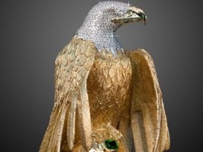 A golden eagle sculpture is shown in a handout photo from Delta Police. The solid gold eagle sculpture encrusted with 763 diamonds and housing a world-renowned emerald was stolen in a violent robbery in suburban Vancouver. THE CANADIAN PRESS/HO-Delta Police