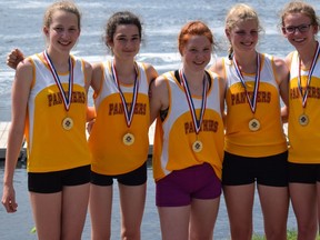 The Regi crew of, from left, Neve Albrough, Hannah Moran-MacDonald, Mackenzie Reynolds, Michaela Dowling and coxswain Grace Hickey won the novice girls coxed four final at the National Capital High School Regatta in Ottawa on Saturday. (Supplied photo)