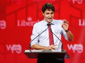 Prime Minister Justin Trudeau speaks delegates at the 2016 Liberal Biennial Convention in Winnipeg, Saturday, May 28, 2016. THE CANADIAN PRESS/John Woods