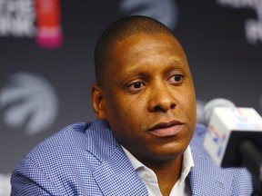 Raptors GM Masai Ujiri speaks to the media during the end-of-season press conference in Toronto on Monday, May 30, 2016. (Dave Abel/Toronto Sun)