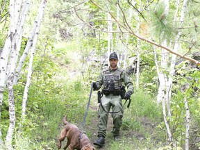 OPP Const. Derry Mihell of the Ontario Provincial Police's canine unit searches the area near 725 Bruce Avenue with cadaver dog Bones on Monday. A skull was found in the area over the weekend. (Gino Donato/Sudbury Star)