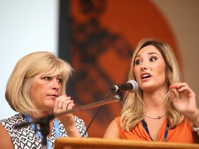 Kim and Jaymie-Lyne Hancock, mother and sister of 18-year-old Dean (DJ) Hancock, who was killed by a drunk driver, answer questions after a presentation organized by the Ontario Students Against Impaired Driving chapter at Lasalle Secondary School. (Gino Donato/Sudbury Star file photo)