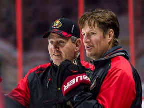 Former Senators player Shean Donovan (right), seen here with Shaun Van Allen, is two years into his job as the team's player development coach. (Errol McGihon/Ottawa Sun/Files)