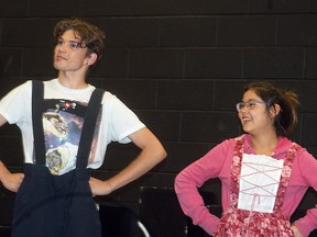 Henry Paul Knight and Bree Corbiere rehearse a scene from the Brothers Grimm Spectaculathon, that is being presented by the Wallaceburg District Secondary School drama department, on June 8 at the Jeaane Gordon Theatre.