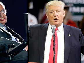 British physicist, Professor Stephen Hawking, left, and Republican presidential candidate Donald Trump, right, are pictured in file photos. Hawking was interviewed on British TV May 30, 2016, saying he cannot fathom the popularity of presumptive candidate for U.S. president Donald Trump, saying he "seems to appeal to the lowest common denominator.”  (AP File Photos)