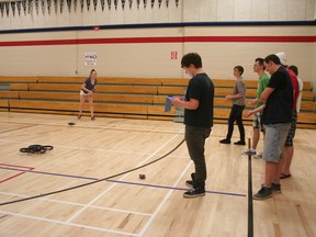 C.H.S.S. students fly drones in the school’s gym. (Justine Alkema/Clinton News Record)