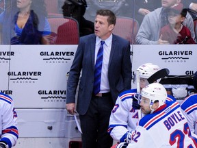New York Rangers assistant coach Ulf Samuelsson looks on during the first period against the Arizona Coyotes at Gila River Arena in Glendale, Ariz., on Nov. 7, 2015. (Matt Kartozian/USA TODAY Sports)