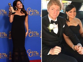 Gina Rodriguez (left) at the 2016 Golden Globes and Jessica Casanova wearing Rodriguez's dress to her senior prom. (AP photos)