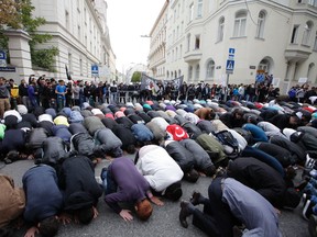 Muslims pray during a protest infront of the U.S. embassy on September 22, 2012 in Vienna. (DIETER NAGL/AFP/GettyImages)