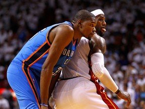 Thunder’s Kevin Durant (left) and the Heat’s LeBron James went toe-to-toe during the 2012 NBA Finals. The Heat won the series 4-1.(Getty Images)