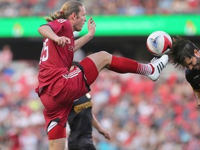 Ottawa Fury's Lance Rozenboom's boot almost connects with the head of Fort Lauderdale's Dalton in front of the net during NASL action at TD Place in Ottawa on May 27, 2016. (JULIE OLIVER/Postmedia)