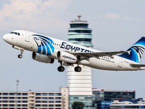 This August 21, 2015 file photo shows an EgyptAir Airbus A320 with the registration SU-GCC taking off from Vienna International Airport, Austria. Egypt's Civil Aviation Ministry said Wednesday, June 1, 2016 that a French ship has picked up signals from deep under Mediterranean Sea, presumed to be from black boxes of the EgyptAir Airbus A320 with the registration SU-GCC that crashed last month, killing all 66 passengers and crew on board. The Civil Aviation Ministry is citing a statement from the committee investigating the crash as saying the vessel Laplace is the one that received the signals. It says that a second ship, John Lethbridge affiliated with the Deep Ocean Search firm, will join the search team later this week. (AP Photo/Thomas Ranner, File)