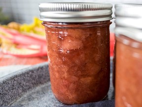 Rhubarb jam prepared by Joel MacCharles, co-founder of WellPreserved.ca and co-author of Batch, as seen in Toronto, ON on Wednesday, May 4, 2016.  (Laura Pedersen/National Post)