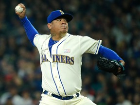 Seattle Mariners starting pitcher Felix Hernandez throws against the Los Angeles Angels Sunday, May 15, 2016, in Seattle. (AP Photo/Ted S. Warren)