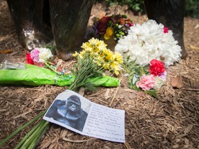 A sympathy card rests at the feet of a gorilla statue outside the Gorilla World exhibit at the Cincinnati Zoo & Botanical Garden, Sunday, May 29, 2016, in Cincinnati. On Saturday, a special zoo response team shot and killed Harambe, a 17-year-old gorilla, that grabbed and dragged a 4-year-old boy who fell into the gorilla exhibit moat. Authorities said the boy is expected to recover. He was taken to Cincinnati Children's Hospital Medical Center. (AP Photo/John Minchillo)