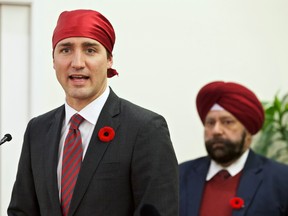 Prime Minister Justin Trudeau speaks at the Gurdwara Sahib Ottawa Sikh Society in Ottawa in this November 11, 2015 file photo. (Errol McGihon/Ottawa Sun/Postmedia Network)