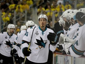 Sharks defenceman Justin Braun celebrates a third period goal against the Penguins with teammates in Game 2 of the Stanley Cup final at Consol Energy Center in Pittsburgh on Wednesday, June 1, 2016. (Bruce Bennett/Getty Images/AFP)