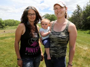 Emily Mountney-Lessard/The Intelligencer
Brittany Hopper, left, and Hailee Daniels and her nine-month-old daughter Bryndle, are encouraging women to improve their hunting and outdoors skills through a series of workshops. The women started the Canadian Women of the Outdoors and have already hosted two successful workshops.