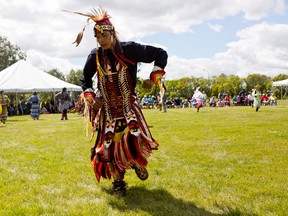 Aboriginal dancers perform during a Treaty No.1 Commemorative Pow Wow at Lower Fort Garry National Historic Site located just north of Winnipeg, Man., on Monday, August 3, 2015.
