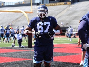 Argos offensive lineman Jamal Campbell works out during the team's training camp session in Guelph, Ont. (Toronto Argonauts photo)