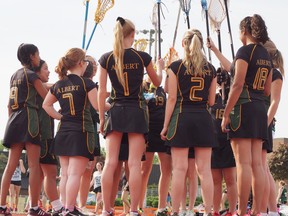 The Albert College Panthers celebrate at the conclusion of their 2016 varsity girls field lacrosse season.