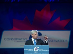 Former prime minister Stephen Harper addresses the Conservative Party of Canada convention in Vancouver, Thursday, May 26, 2016. THE CANADIAN PRESS/Jonathan Hayward