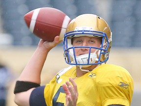 Winnipeg Blue Bombers quarterback Drew Willy prepares to toss the ball during CFL football practice in Winnipeg, Man. Wednesday May 25, 2016.