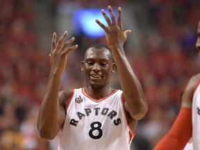 Raptors centre-forward Bismack Biyombo reacts after being called on a foul against the Cavaliers during the NBA's Eastern Conference final in Toronto on May 27, 2016. (Frank Gunn/The Canadian Press)