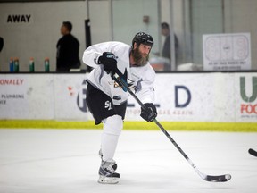 Sharks forward Joe Thornton shoots during practice in San Jose, Calif., on May 27, 2016. The Sharks host the Penguins in Game 3 of the Stanley Cup final on Saturday. (Marcio Jose Sanchez/AP Photo)