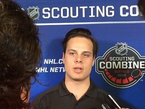 Auston Matthews talks to the media during the NHL scouting combine at the HarborCenter in Buffalo on June 3, 2016. (Terry Koshan)