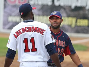 Luis Alen (right) was emotional as he spoke about being back at Shaw Park. (KEVIN KING/ Winnipeg Sun)