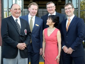 Former Ottawa Senators captain Daniel Alfredsson (second from left) was amongst the five who were inducted into the Ottawa Sport Hall of Fame during a dinner held at Lansdowne Park on Friday, June 3, 2106. Other inductees included (from left): former Ottawa Rough Rider and CFL coach Bob O'Billovich; Tina Takahashi, an eight-time Canadian judo champion, national-team athlete and Olympic coach; Barclay Frost, a multi-sport athlete who later became a coach, convenor and renowned track and field referee; and one of the world's top freestyle skiers and multiple Olympic medalist, Jeff Bean. (Julie Oliver/Postmedia)