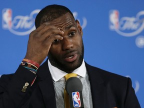 Cavaliers forward LeBron James speaks at a news conference after Game 1 of the NBA Finals against the Warriors in Oakland, Calif., on Thursday, June 2, 2016. (Ben Margot/AP Photo)