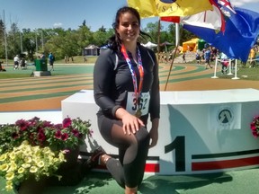 Shot putter Gabrielle Rains broke a record at the Alberta provincial high school track and field championships in Edmonton on June 4, 2016.