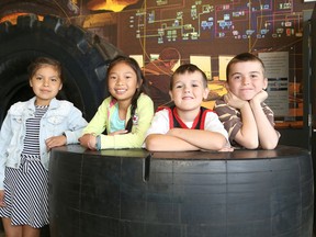 St. David School students Hayley Southwind, left, Anna Nguyen, Marshall Lavoie and Alex Down-Rhodenizer attended a funding announcement at Dynamic Earth in Sudbury, Ont. on Friday June 3, 2016. John Lappa/Sudbury Star/Postmedia Network